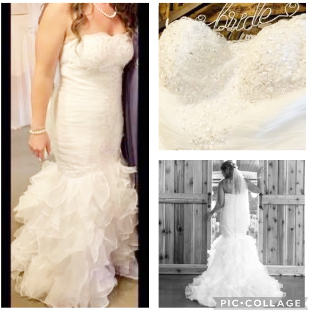 Strapless sweetheart Mermaid fit organza ruffle hem beaded bodice wedding gown